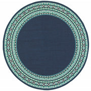 8’ Round Navy and Green Geometric Indoor Outdoor Area Rug