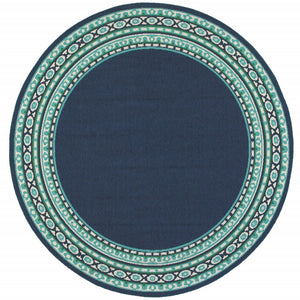 8’ Round Navy and Green Geometric Indoor Outdoor Area Rug