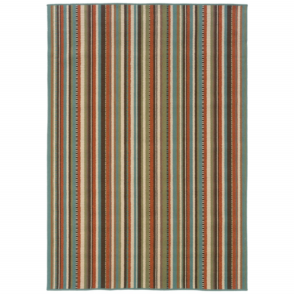 7’x10’ Green and Brown Striped Indoor Outdoor Area Rug