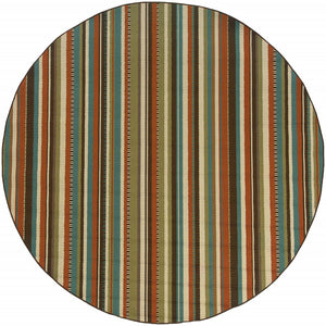 8’ Round Green and Brown Striped Indoor Outdoor Area Rug