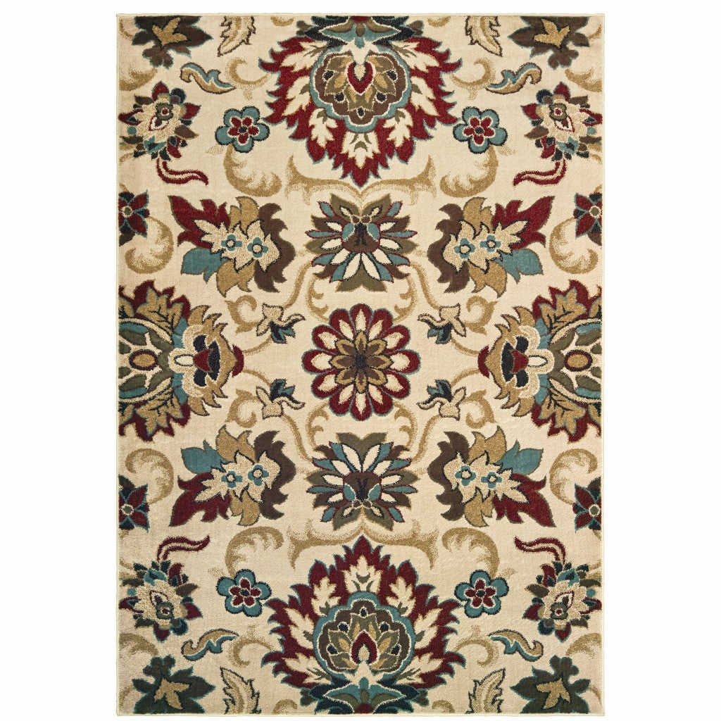 7’x9’ Ivory and Red Floral Vines Area Rug