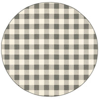 8’ Round Gray and Ivory Gingham Indoor Outdoor Area Rug