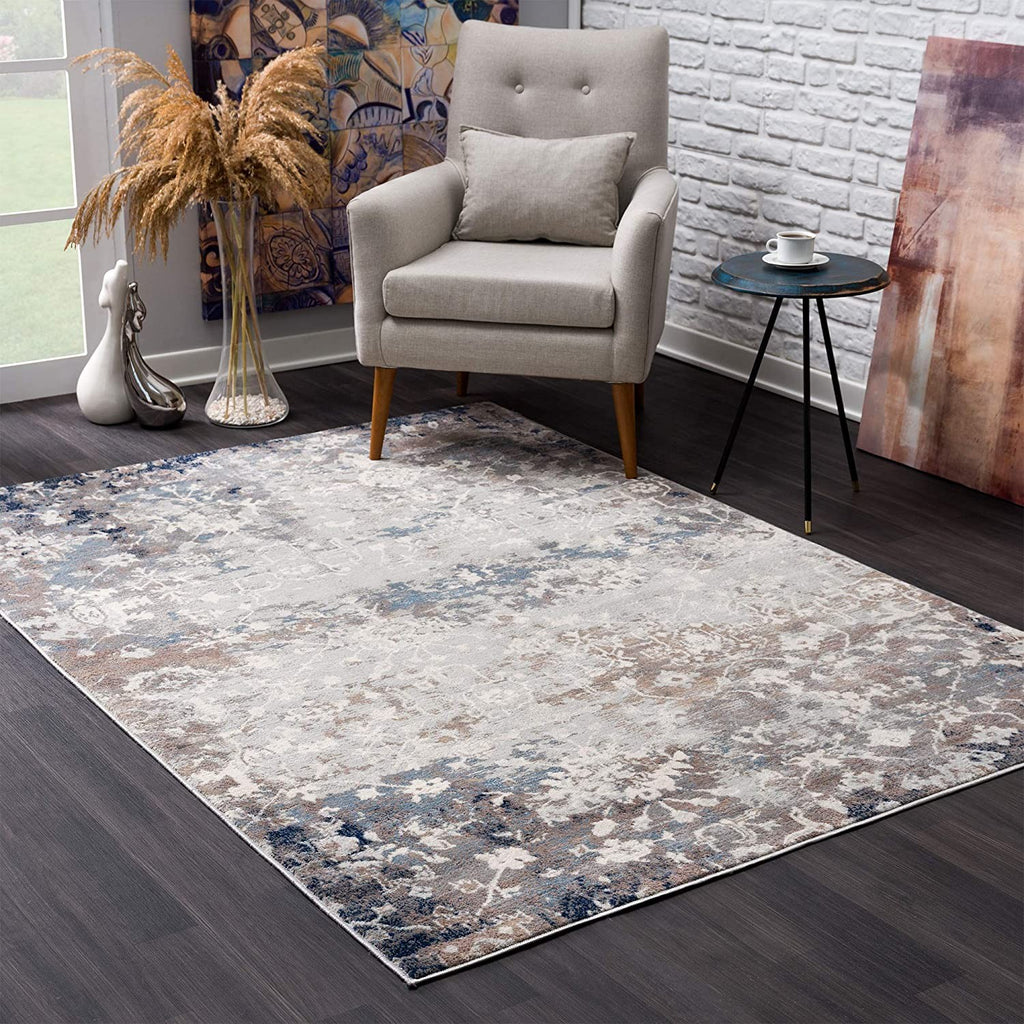 5’ x 8’ Navy and Beige Distressed Vines Area Rug