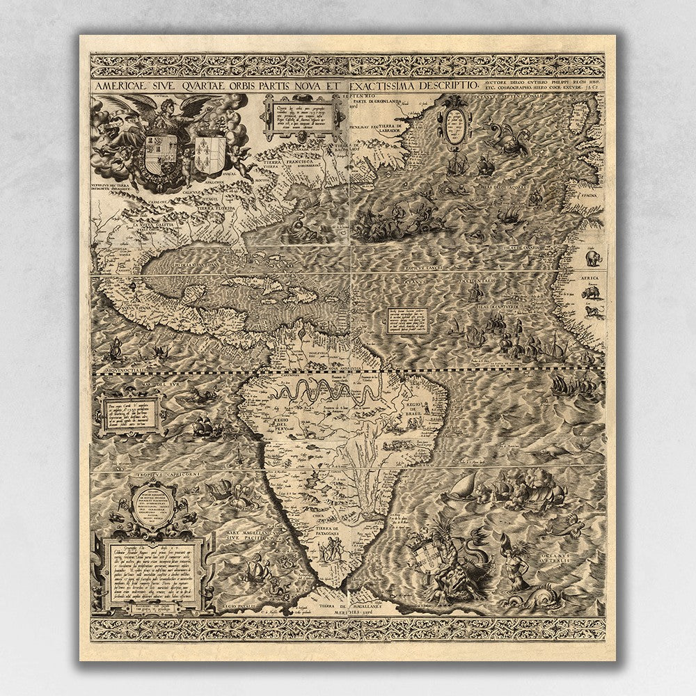 24" x 28" Vintage 1562 Map of Early Americas Wall Art