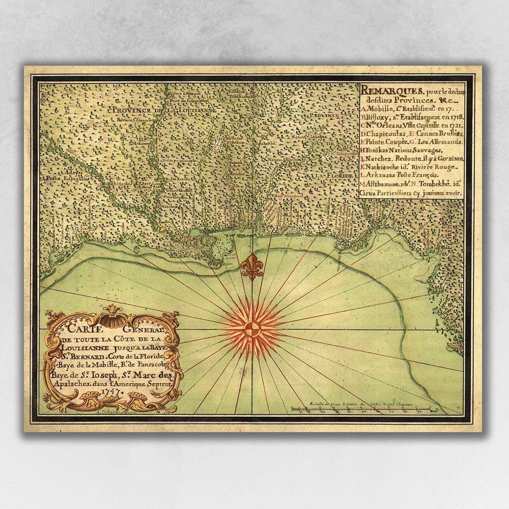 20" X 24" C1747 Map Of The Gulf Coast Vintage  Poster Wall Art