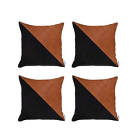 Set of 4 Black and Faux Leather Lumbar Pillow Covers