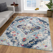 12' X 18' Blue Oriental Washable Non Skid Area Rug