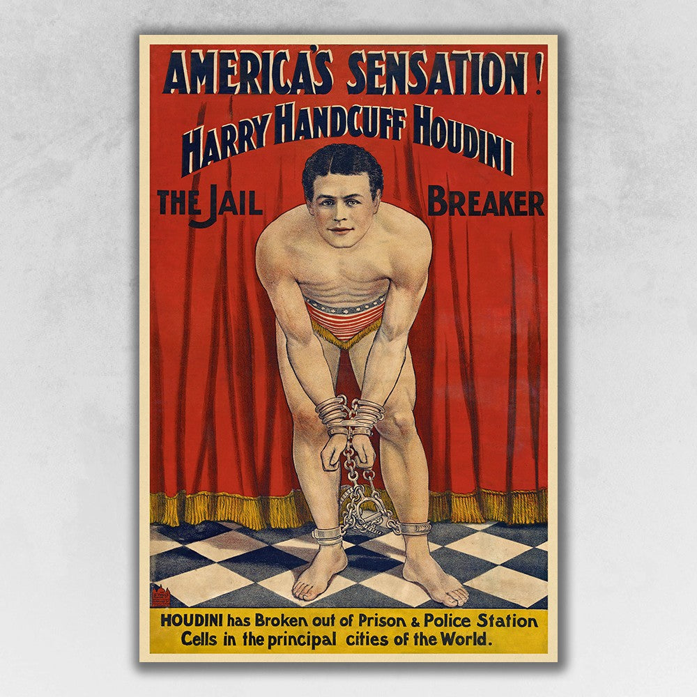 20" x 30" Houdini in Handcuffs Vintage Magic Poster Wall Art