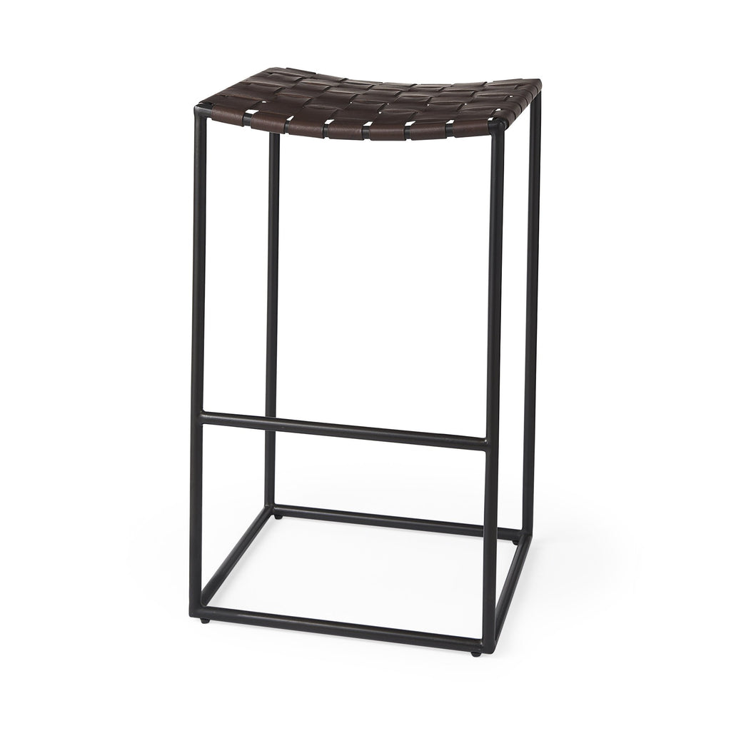 Dark Brown Woven Leather Bar Stool