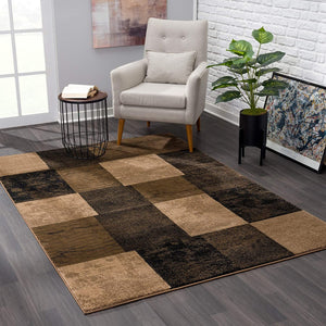 7’ x 9’ Brown Geometric Blocks Area Rug