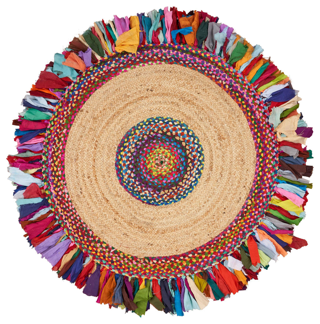 Natural Jute Multicolored Medallion Area Rug with Fringe