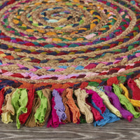 Multicolored Chindi and Natural Jute Fringed Round Rug