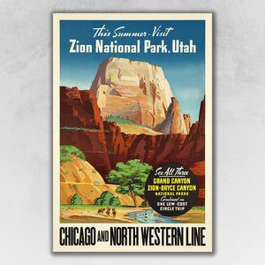 20" x 30" Zion National Utah c1950s Vintage Travel Poster Wall Art