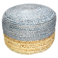 Boho Genuine Jute Fiber Natural and Gray Blue Pouf Ottoman