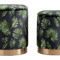 Set of Two Palm Leaf and Rose Gold Storage Ottomans