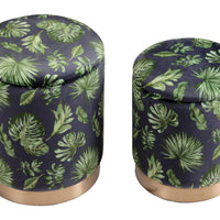 Set of Two Palm Leaf and Rose Gold Storage Ottomans