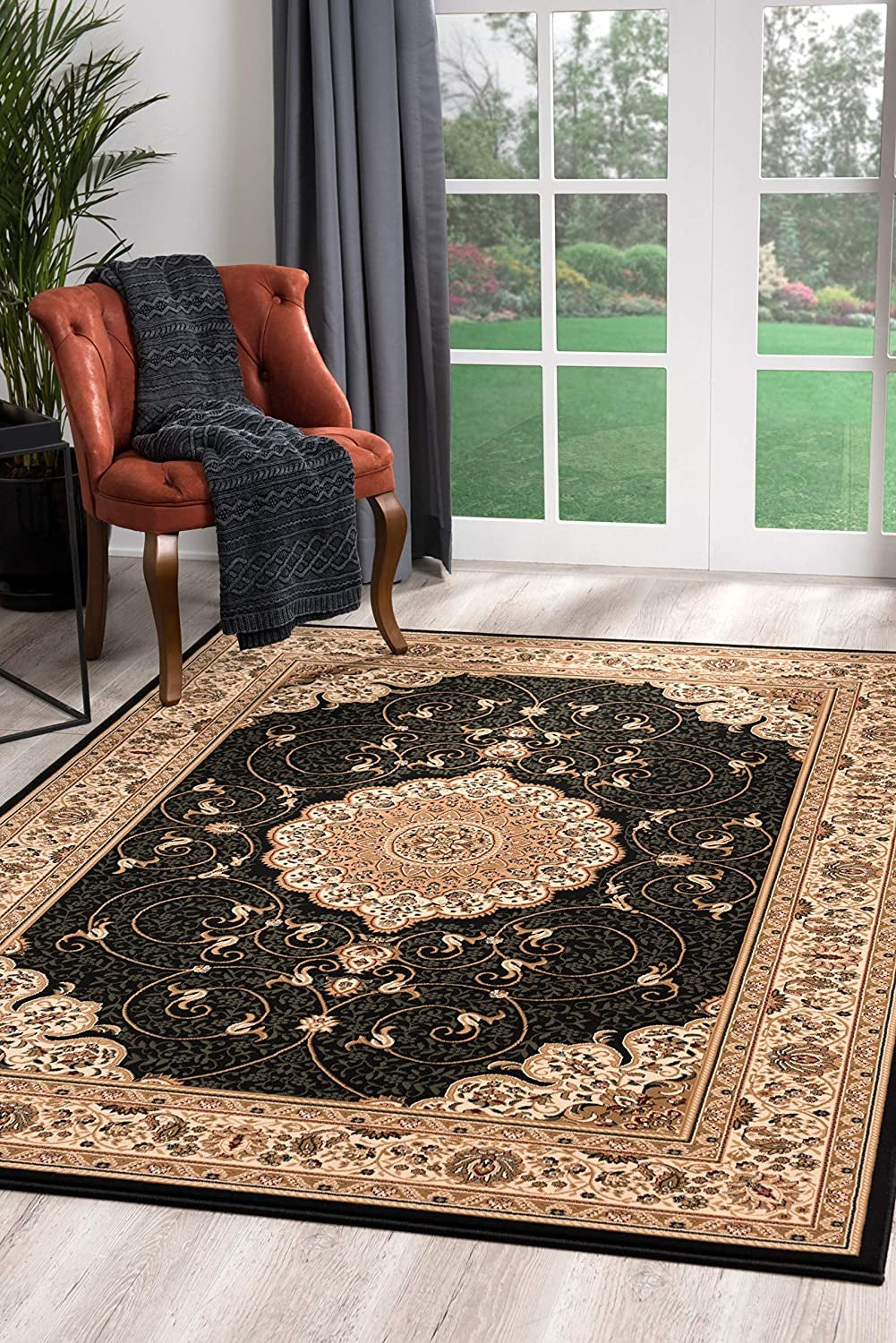 2’ x 10’ Black and Beige Embellished Runner Rug