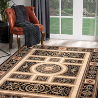 4’ x 6’ Black and Beige Traditional Geometric Area Rug