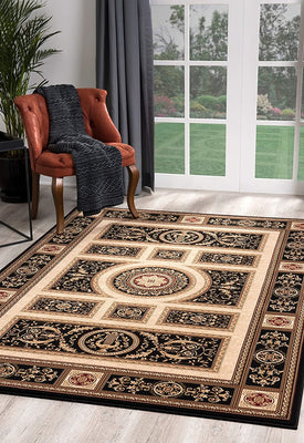 5’ x 8’ Black and Beige Traditional Geometric Area Rug