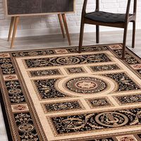 8’ x 11’ Black and Beige Traditional Geometric Area Rug