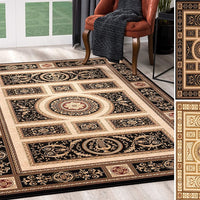 8’ x 11’ Black and Beige Traditional Geometric Area Rug