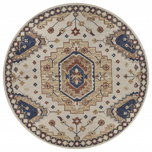 8’ Round Gold and Blue Boho Chic Area Rug