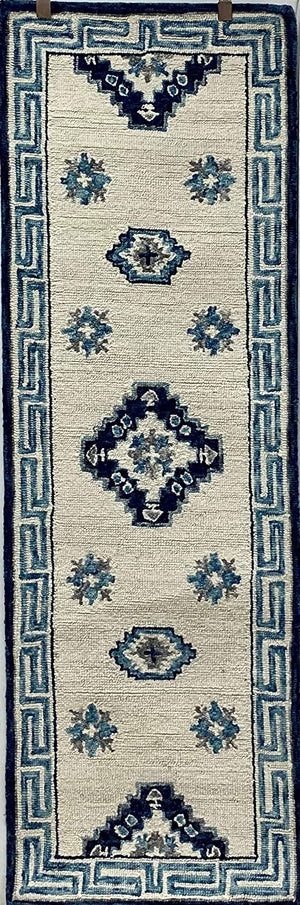 2’ x 7’ Blue and Cream Bordered Runner Rug