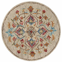 4’ Round Beige Floral Medallion Area Rug