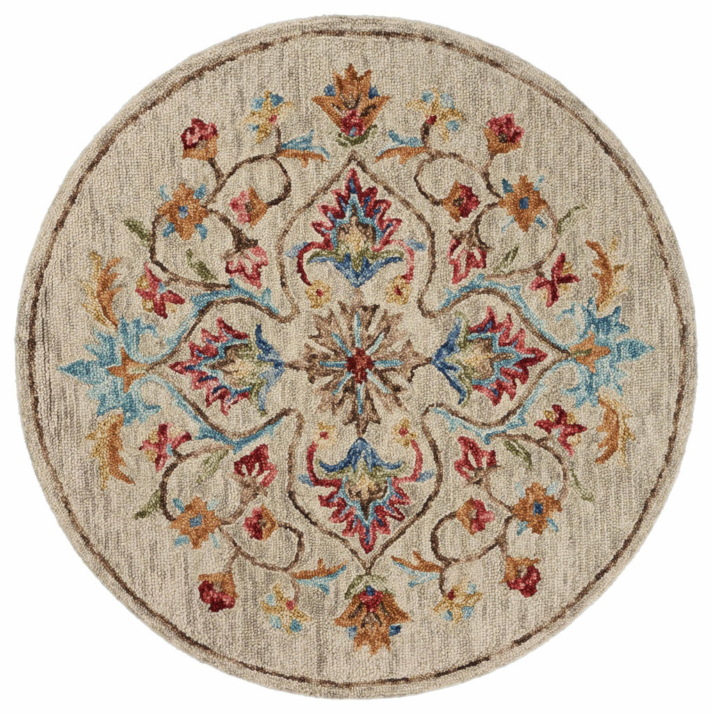 4’ Round Beige Floral Medallion Area Rug