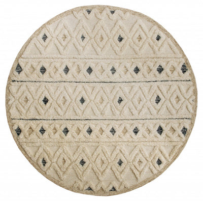 6’ Round Cream and Blue Striped Diamonds Area Rug