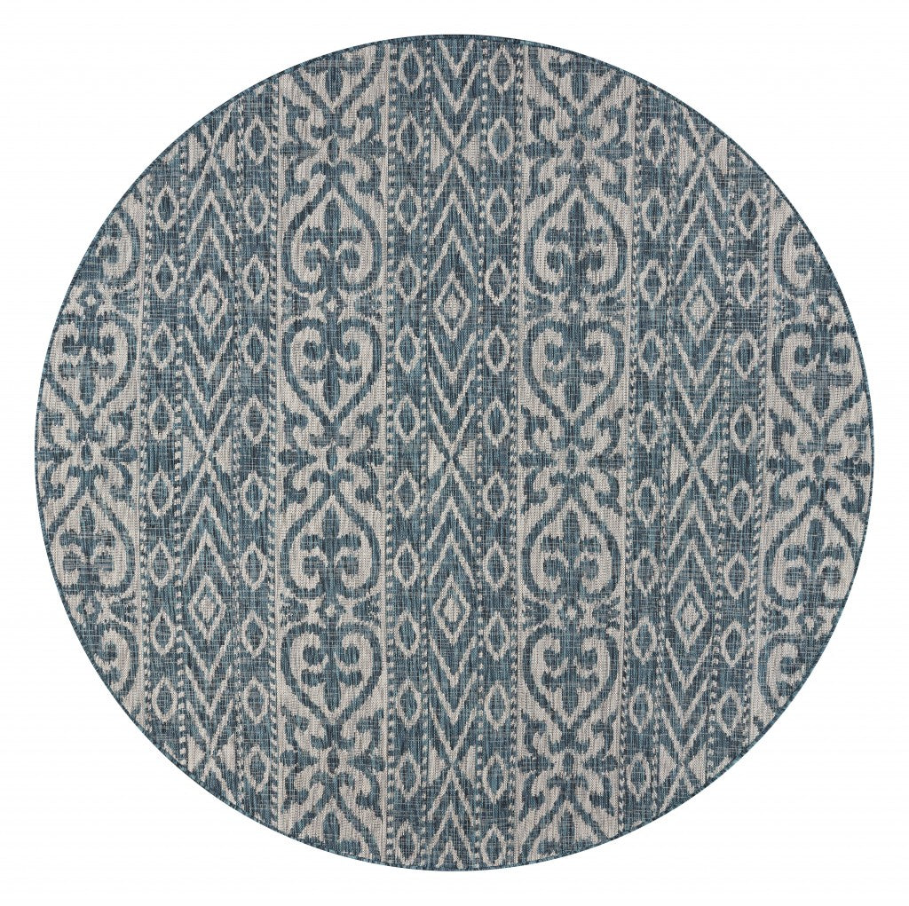 8’ Round Blue Geometric Indoor Outdoor Area Rug