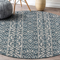 8’ Round Blue Geometric Indoor Outdoor Area Rug