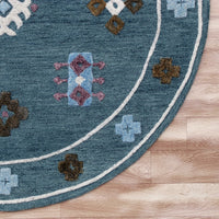 7’ Round Blue Bordered Motif Area Rug