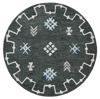 7’ Round Charcoal Geometric Border Area Rug