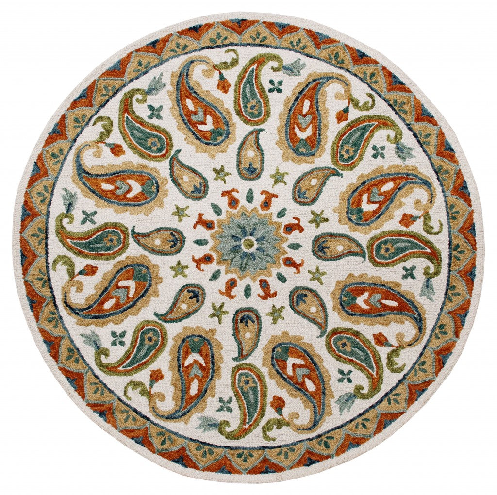 5’ Round Orange and White Paisley Area Rug