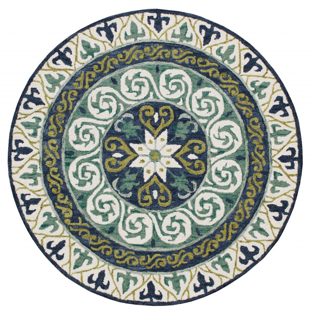 7’ Round Blue and Green Ornate Medallion Area Rug