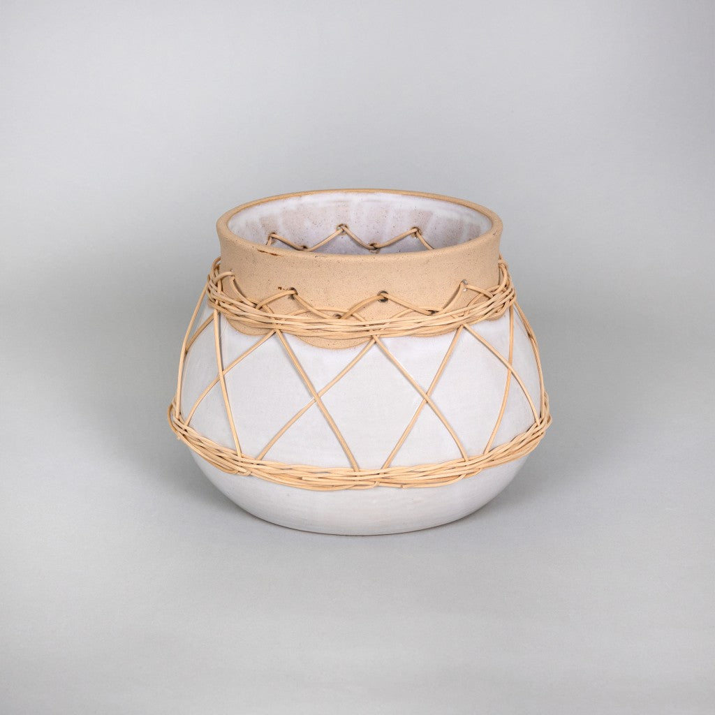 White Stone and Rattan Detail Planter