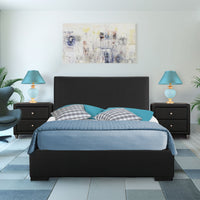 Black Upholstered Platform Queen Bed with Two Nightstands