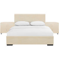 Beige Upholstered Platform King Bed with Two Nightstands