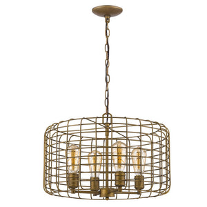 Lynden 4-Light Raw Brass Drum Pendant With Wire Cage Shade