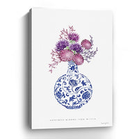 24" x 16" Blue and White Happiness Floral Vase Canvas Wall Art