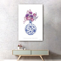 36" x 24" Blue and White Happiness Floral Vase Canvas Wall Art