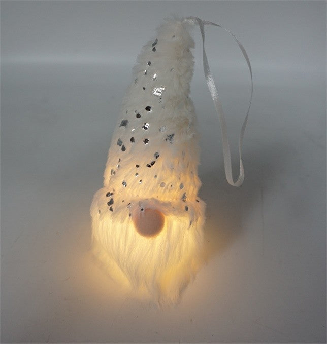 Fluffy White and Silver Hanging Light Up Gnome