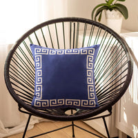 Blue and White Greek Key Bordered Throw Pillow