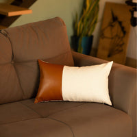 Two Toned White and Brown Leather Lumbar Pillow