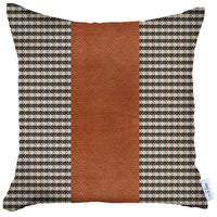 Brown Houndstooth Faux Leather Strap Throw Pillow