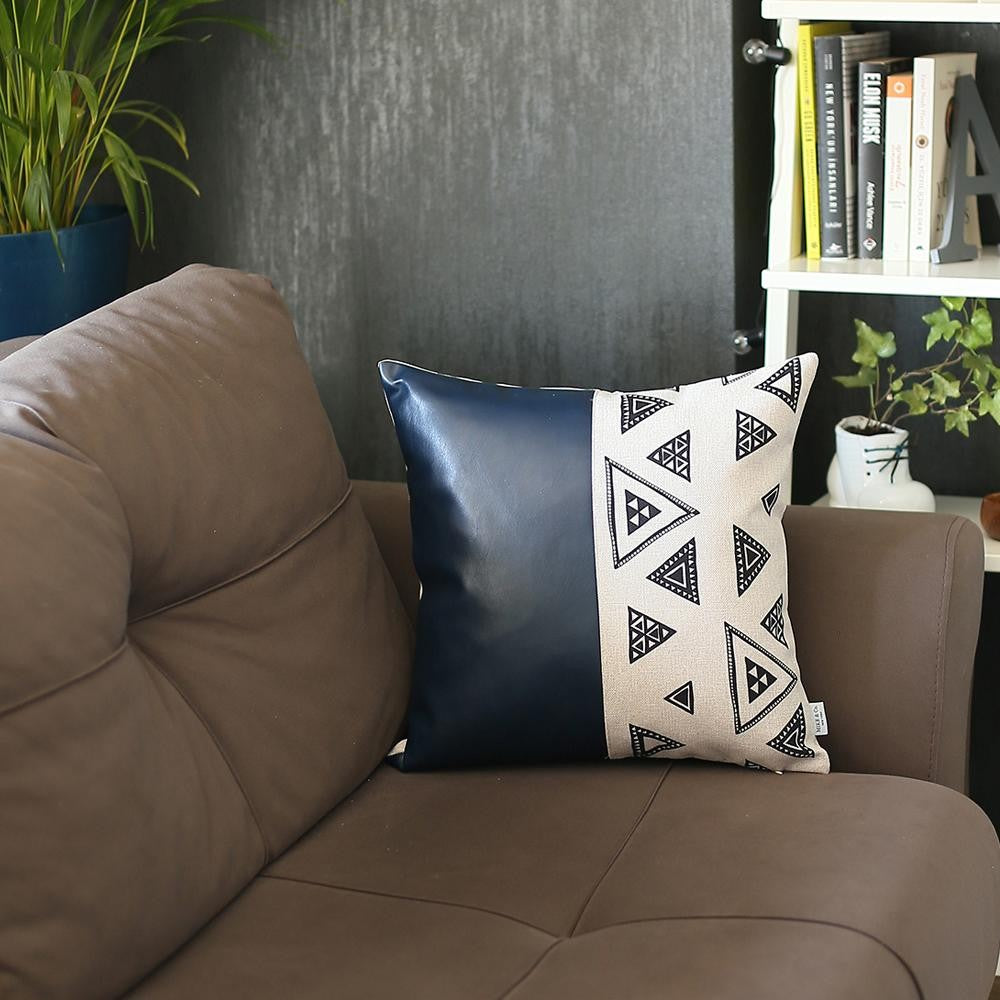 Navy Triangular Motifs Faux Leather Throw Pillow