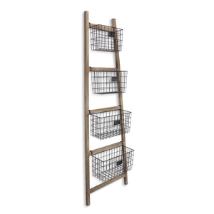 Wooden Ladder Storage Piece with 4 Baskets