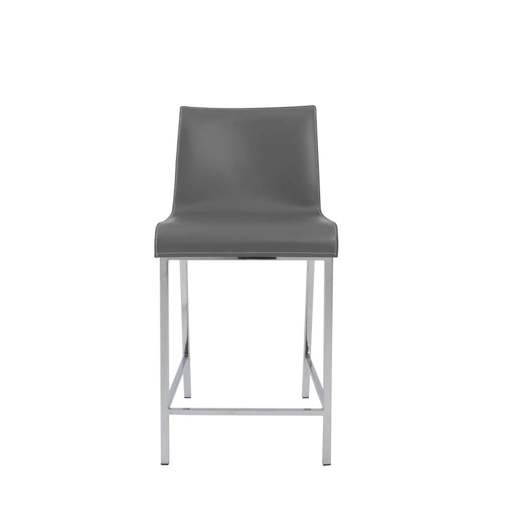 Set of Two Gray Leather and Steel Counter Stools