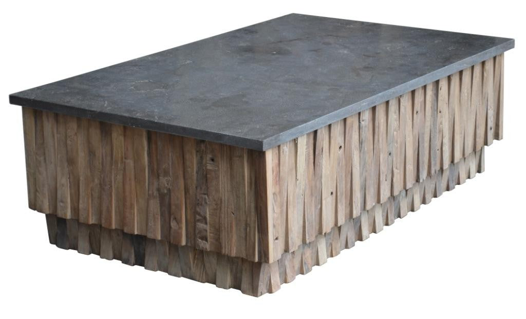 Rectangular Stone and Wood Coffee Table